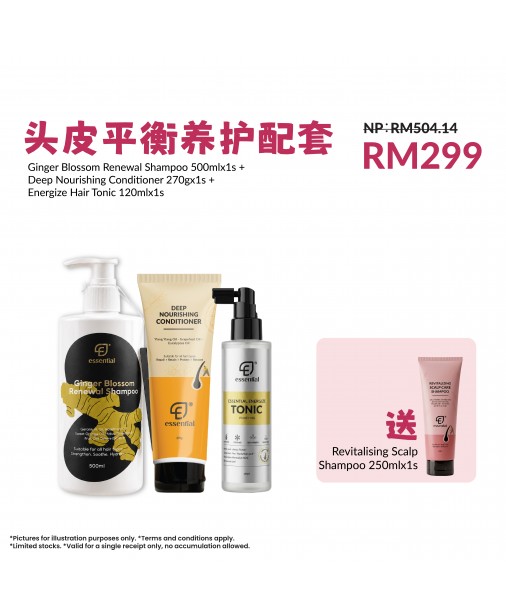 Essential【頭皮平衡養護配套 : 1x Ginger Shampoo 500ml + 1x Tonic 120ml + 1x Conditioner 270g FREE 1x Scalp Shampoo 250ml】(1-3天發貨)
